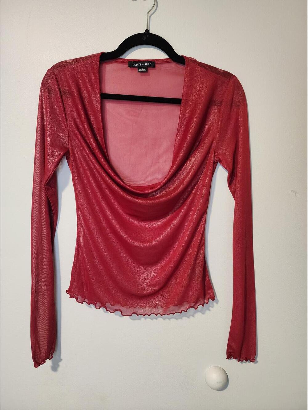 Silence + Noise Y2K Red Long Sleeve Drape Neck Sheer Mesh Top